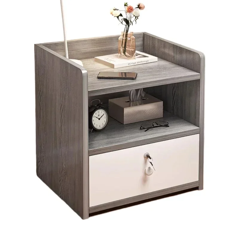 Modern Simple Nordic Bedside Table, Drawer with Lock, Multi-Layer Storage, Nightstand Sideboard, Compact Bedroom Furniture