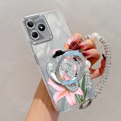 Pink Flowers Phone Case Set with Lanyard and Stand - 3 - Piece Collection for Realme Narzo 50 5G (Silver)