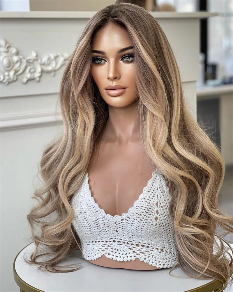 Real High Heat Resistant Synthetic Lace Front Wig Dirty Blonde Honey Ash Highlights Long Lace Front Wigs for Women Caramel Root