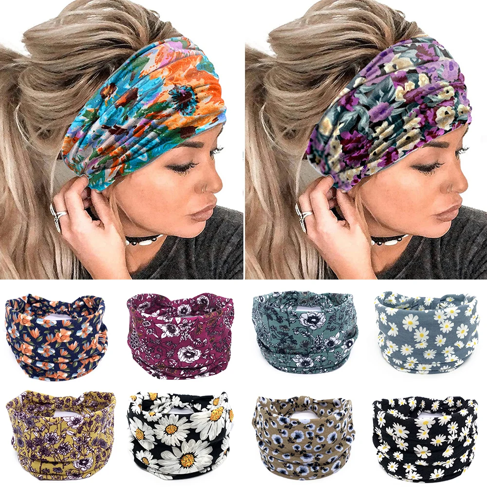 

Floral Printed Wide Hairbands Hair Accessories Knotted Elastic Hair Band Yoga Sport Casual Headbands Stretch Turban Head Wrap