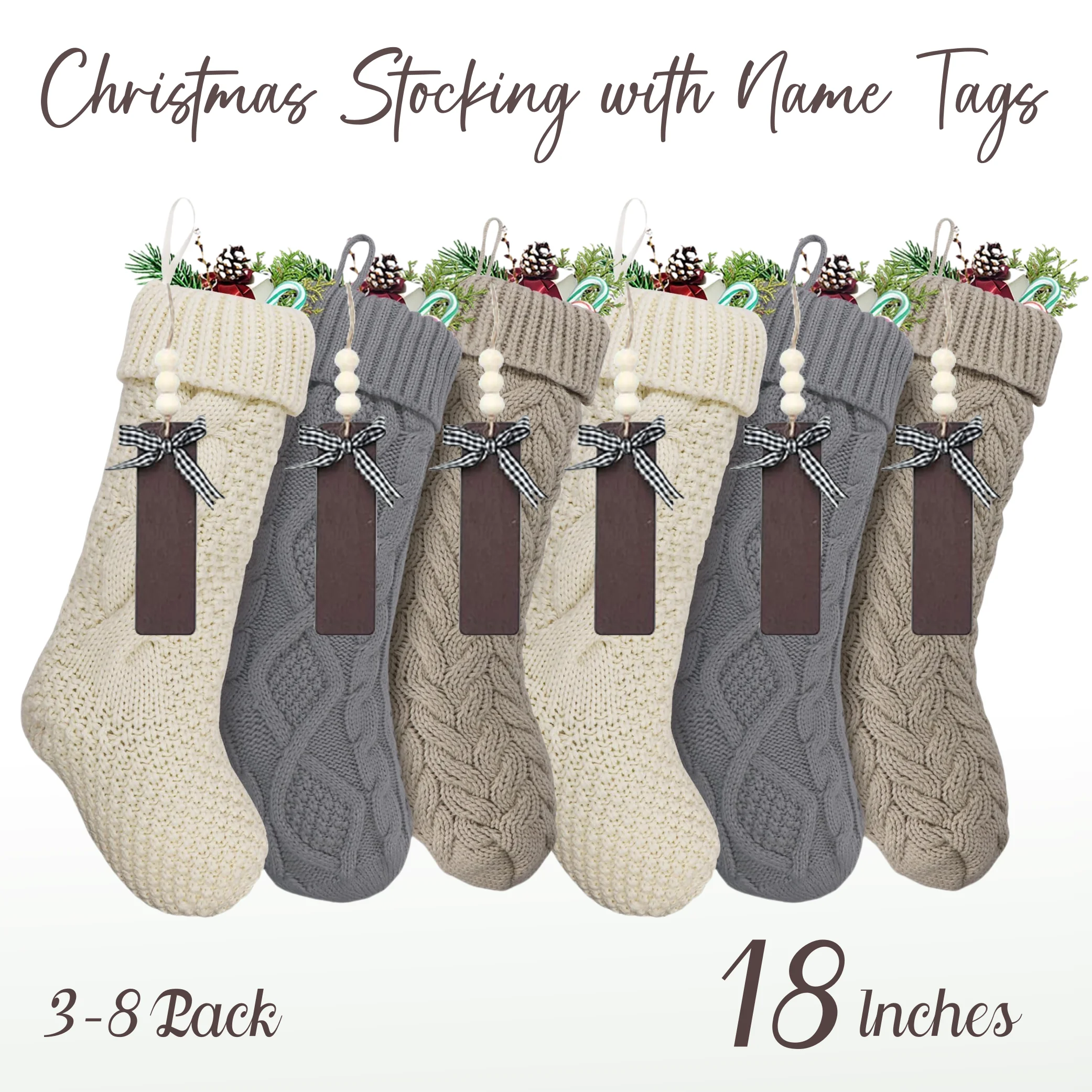 Christmas Stockings 3-8Pack 18In with Name Tags Rustic Cable Knitted Stocking Decorations for Xmas Family Holiday Party Decor christmas stockings