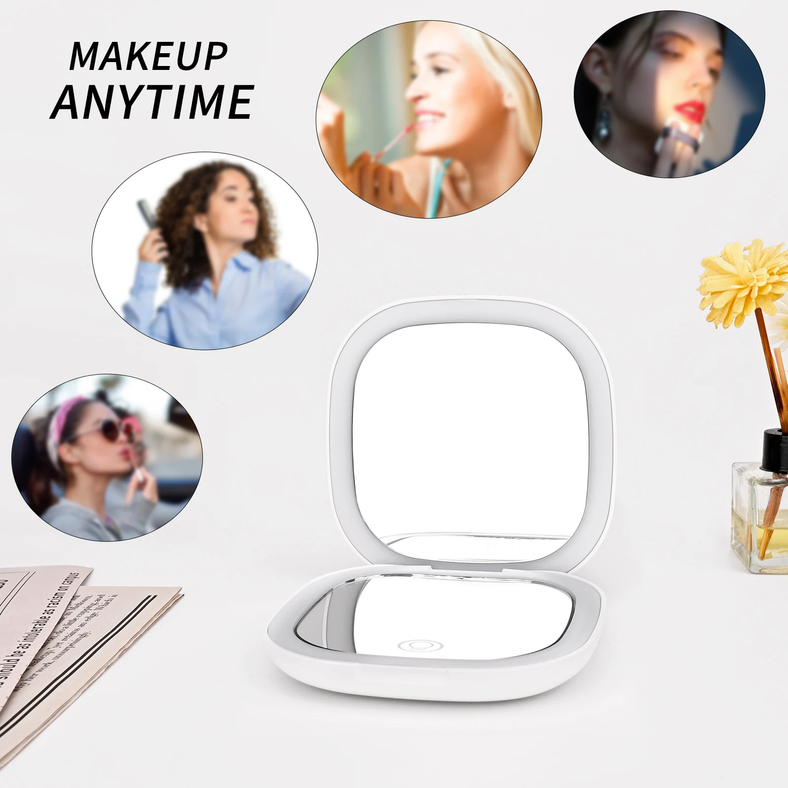 Foldable LED Makeup Mirror-Rechargeable Dressing Mirror with Adjustable Brightness Compact for Purses Gift for Women Lesen