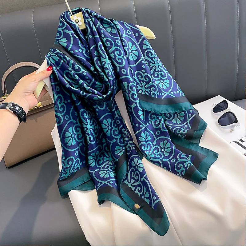 

Satin Finish Design Silk Scarf The Four Seasons Fashion Shawls Popular 180X90CM Warm Hijab Luxury Brand Women Print Scarves