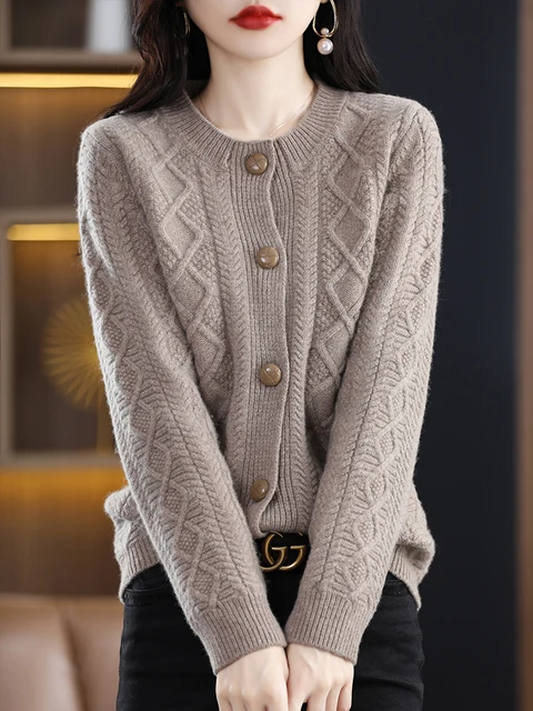 Cardigan lavorato a maglia in lana merino 100% Autunno Inverno Donna O-Collo Punto cavo Maglione Stile preppy Retro Abbigliamento femminile Top 2025 1