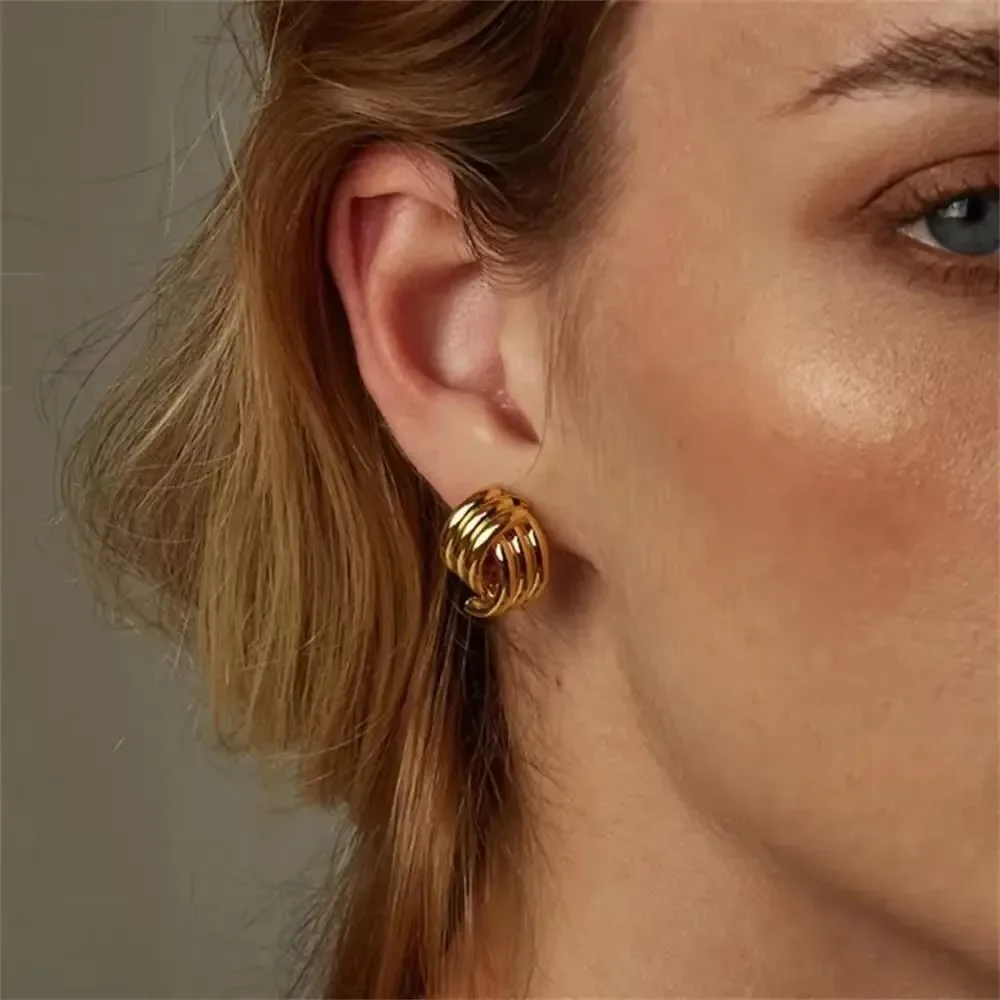 18K Gold Plated Three Layers Arch Ear Stud Delicate Polished Square Striped Texture Hoops Statement Earrings for Women Jewelry