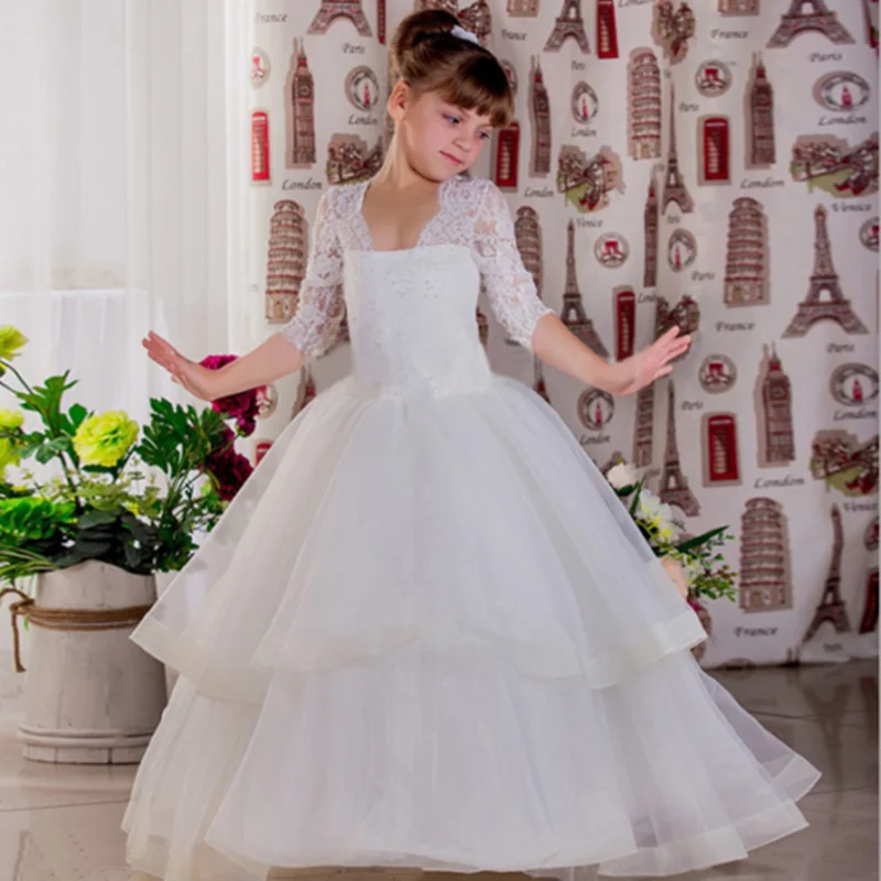 

Flower Girl Dresses Appliqued Beaded Long Sleeves Girl Pageant Gowns Ruffle Tiered Sweep Train Birthday Party Dress