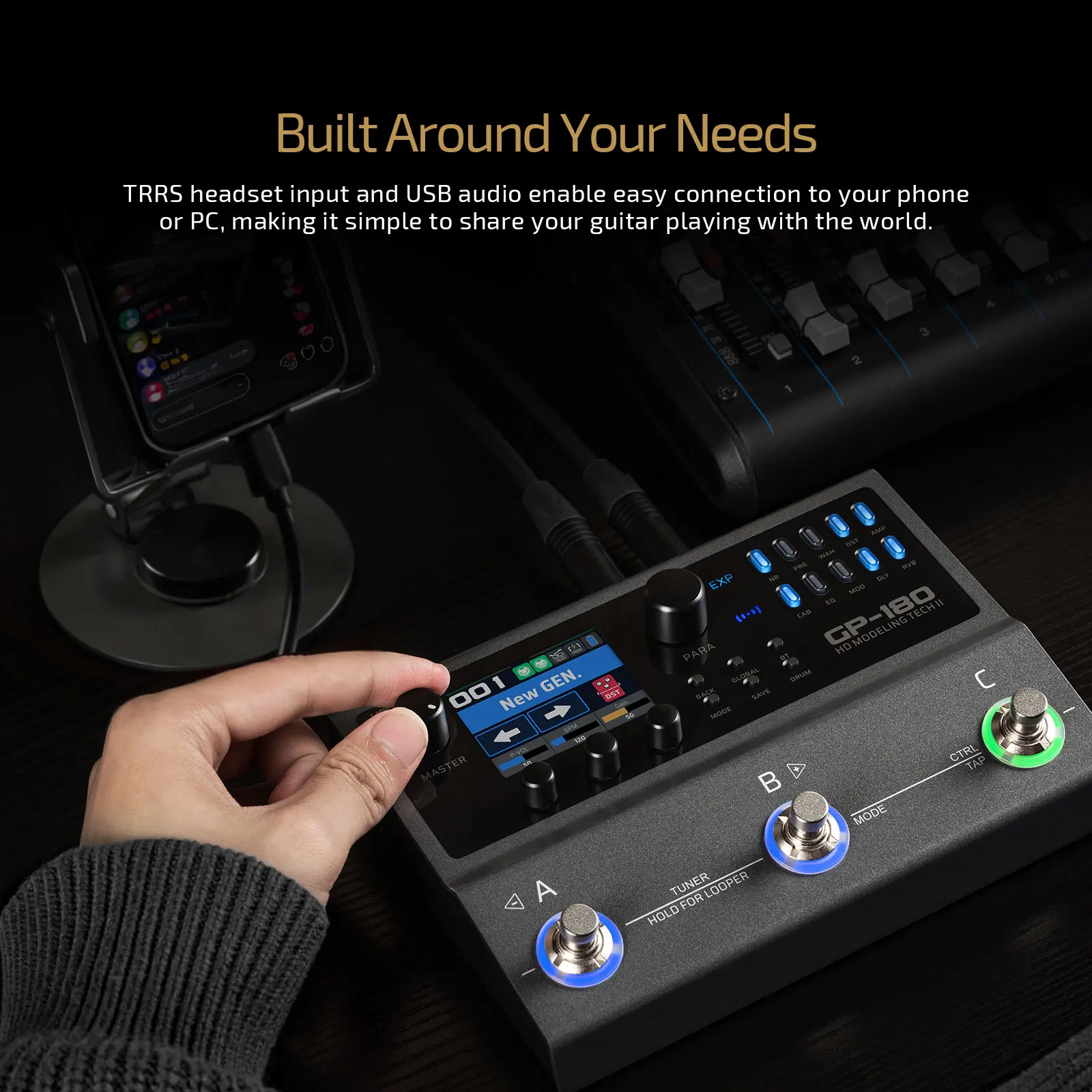 Conexões e recursos da Valeton GP-180 com USB-C, bateria interna, saídas estéreo, fone, MIDI e alimentação