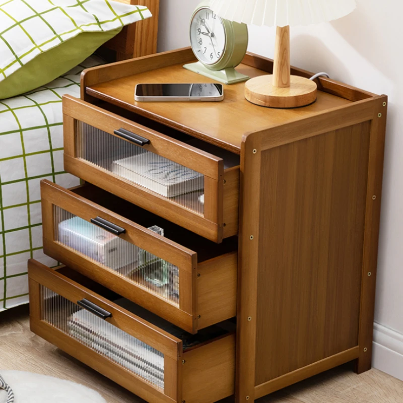 Simple Modern Nightstand Bamboo Storage Cabinet Bedside Storage Organizer Multifunctional Drawer for Home Bedroom