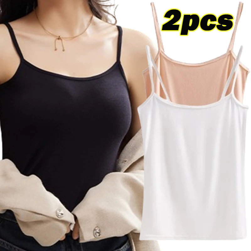 

2PCS Summer Sexy Camisoles For Women Crop Top Sleeveless Shirt Sexy Slim Lady Bralette Padded Tops Strap Skinny Vest Camisole