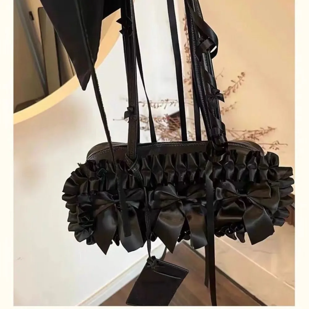 JIAERDI Gothic Bow Black Handbag Purse Women Vintage Harajuku Aesthetic Shoulder Bags Ladies Fairy Core Underarm Bag Bolsos Chic