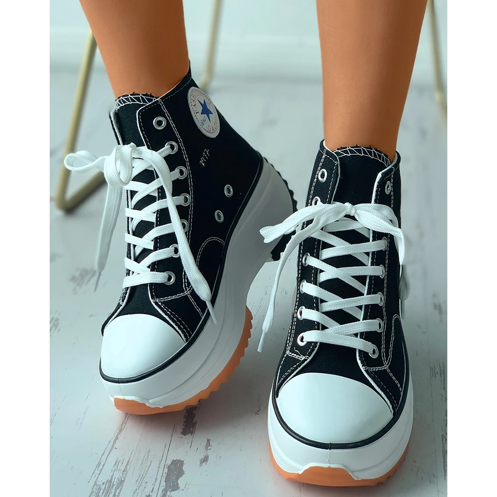 Women Eyelet Lace-up Platform Canvas High-top Sneakers Autumn Women Casual Daily Sports Shoes Korean Style Canvas Shoes Spring