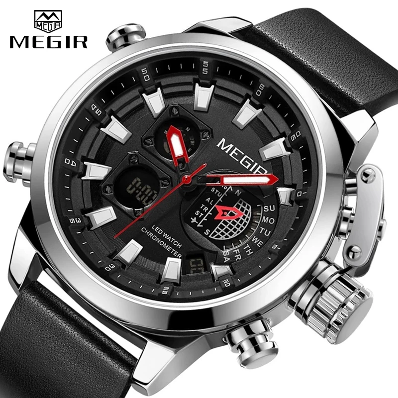 MEGIR Neue Uhr Männer Luxus Marke Analog Digital Sport Herren Uhren Leder Armee Militärische Wasserdichte Armbanduhr 2022 Männli