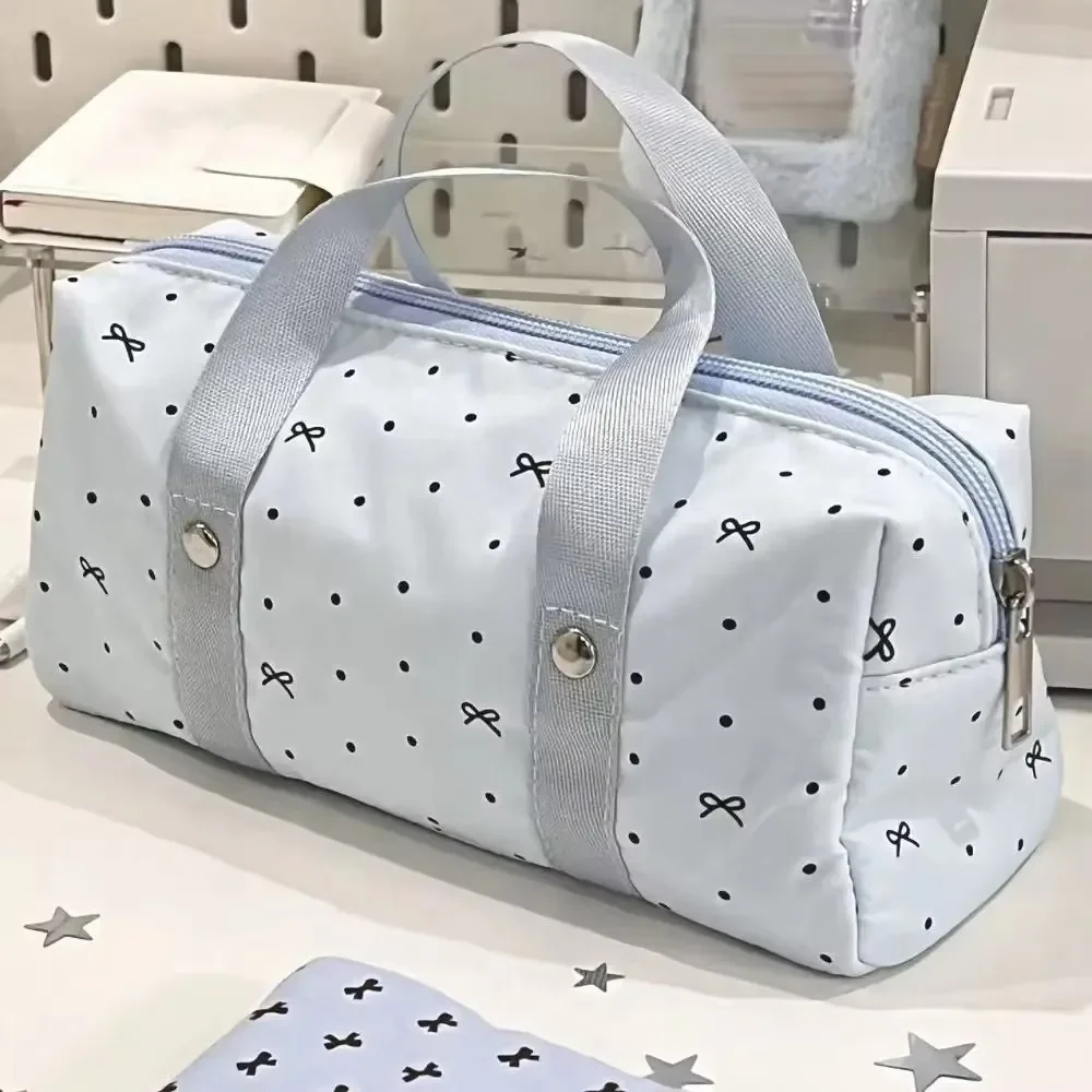 화이트 블루 컬러 스타 폴카 도트 토트 펜슬 케이스, 예쁜 키즈용 대용량 문구 정리함