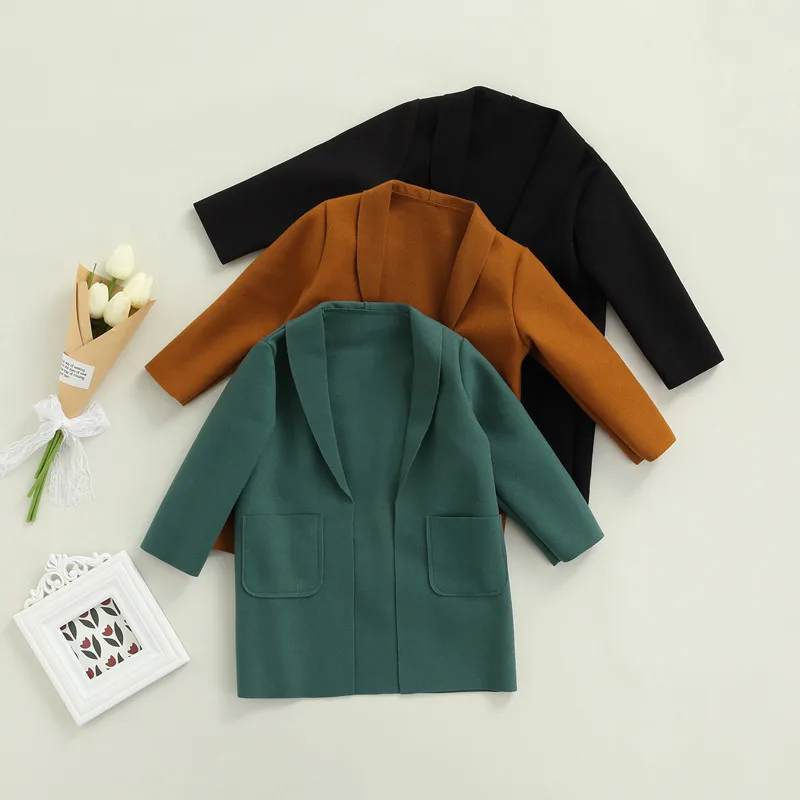 2-7years Kids Girls Casual Coat Long Sleeve Open Front Cardigan Pockets Girls Solid Color Lake Green Black Brown Trench