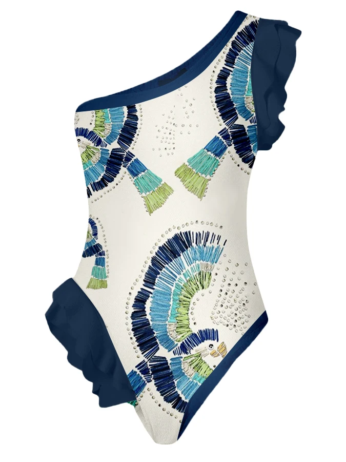 

One-Shoulder Ruffle Print One-Piece Summer Beach Solid Push Up Micro Swimsuit Set Women's Suit Surf Wear Print Floral Tie Dye