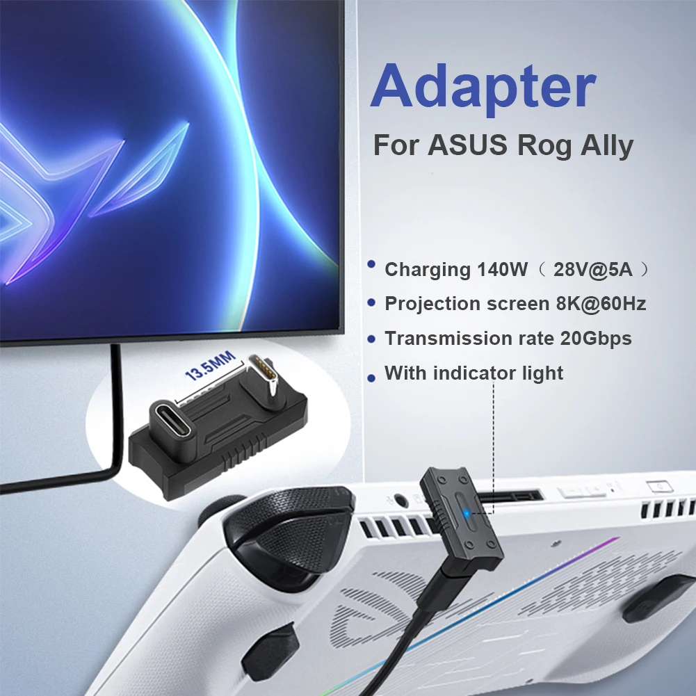 유형 C 어댑터 20Gbps 8K@60Hz USB-C 남성-USB-C 여성 어댑터 PD140W 180도 U자형 ASUS Rog Ally/NS 스위치 콘솔용