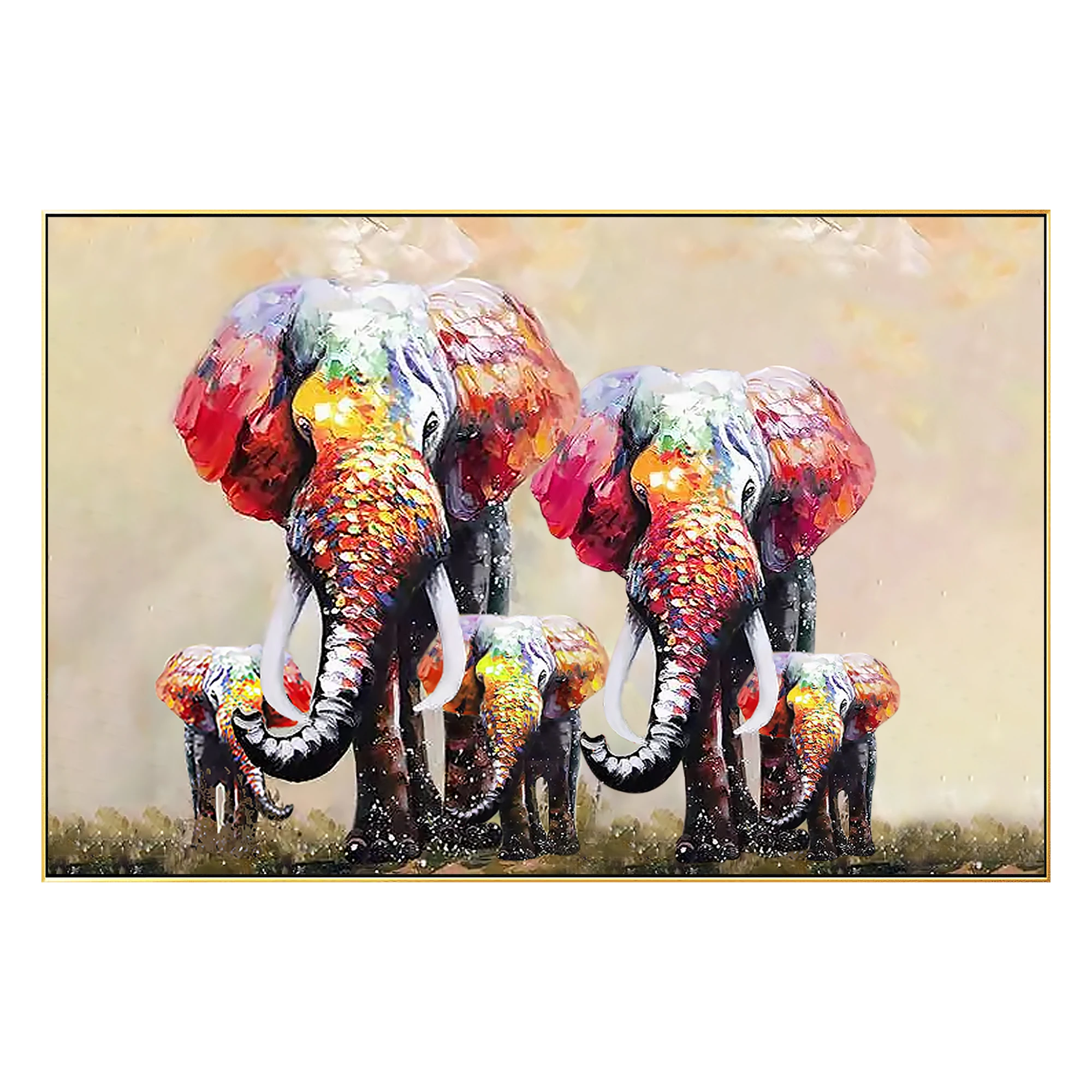 

Hand Painted Colorful Elephant Family Painting on Canvas Livingroom Bedroom Animal Wall Art Home Decor