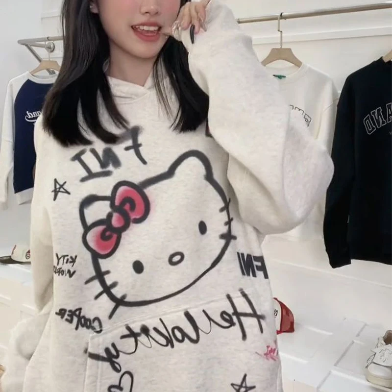 

Sanrio Hello Kitty Women Hoodie Autumn Winter Season National Tide Coat Same Style Velvet Hooded Loose Tracksuit Japanese Girl