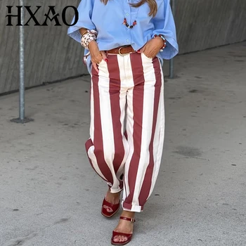 HXAO Striped Denim Pants Women's Jeans Summer 2026 Chic Mid Waisted Wide Leg Baggy Sweatpants Ladies Streetwear Joggers Trousers