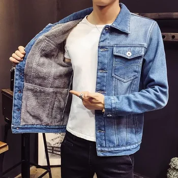 데님 재킷 남성용 따뜻한 양모 청바지 코트, 양 패딩 패딩, 블랙 한국 인기 의류, 빈티지 L 사이즈 단추