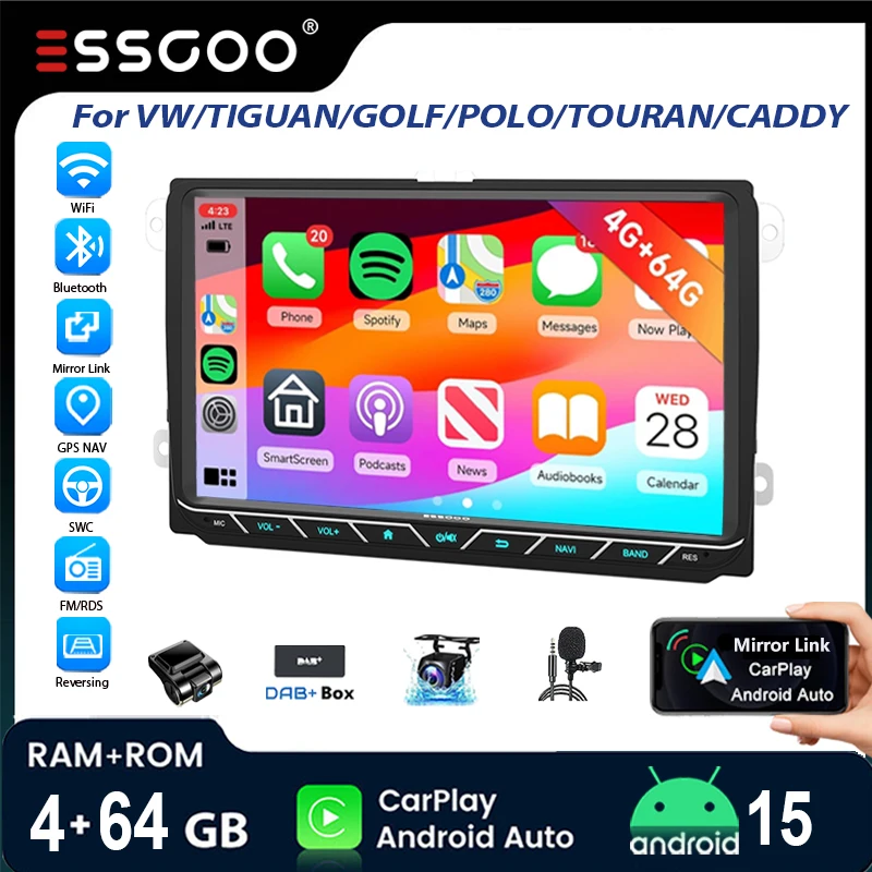 Autoestéreo ESSGOO Android 15 9" 4+64G para VW Tiguan Caddy EOS Jetta T5 Golf 5 6 Passat B6 B7 Polo 6R Touran Navegación GPS RDS WiFi CarPlay Inalámbrico Android Auto Bluetooth RDS WiFi FM Control de Volante Mirror Lin 1