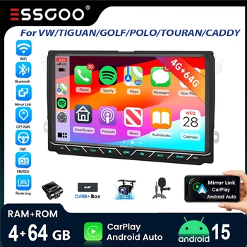 Autoestéreo ESSGOO Android 15 9" 4+64G para VW Tiguan Caddy EOS Jetta T5 Golf 5 6 Passat B6 B7 Polo 6R Touran Navegación GPS RDS WiFi CarPlay Inalámbrico Android Auto Bluetooth RDS WiFi FM Control de Volante Mirror Lin 1
