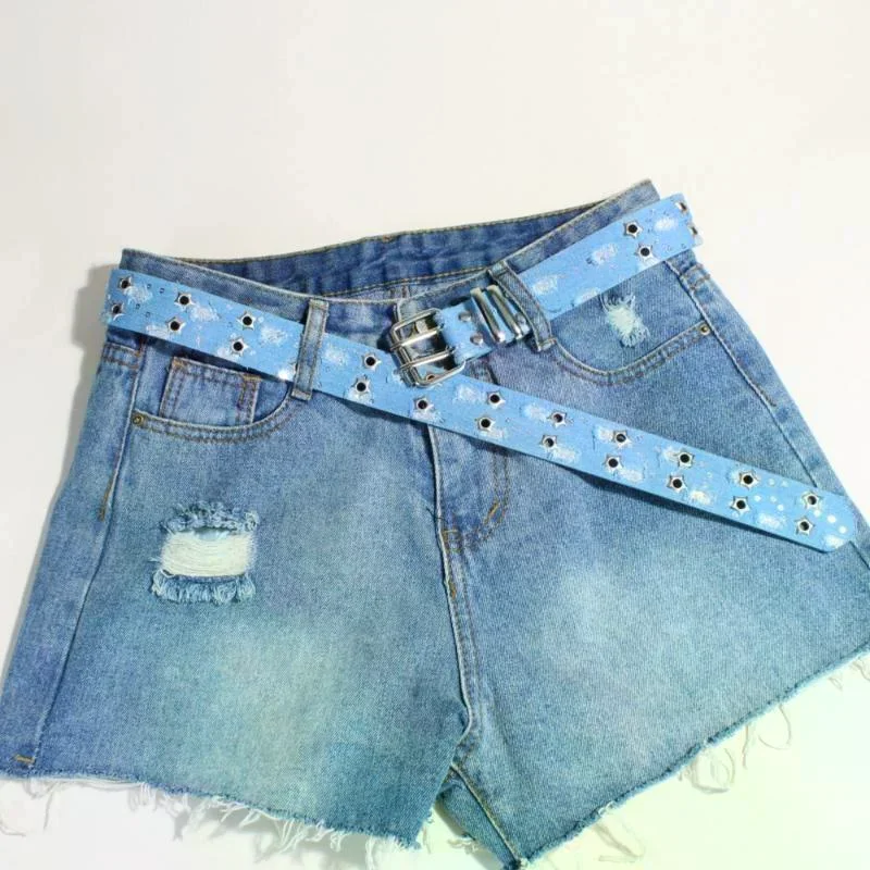 1PC Neue Mode Luxus Gürtel Schwarz Punk Zubehör Blau Denim Gürtel HipHop Y2k Stern Höhlte Pin Schnalle Bund, für Männer Frauen