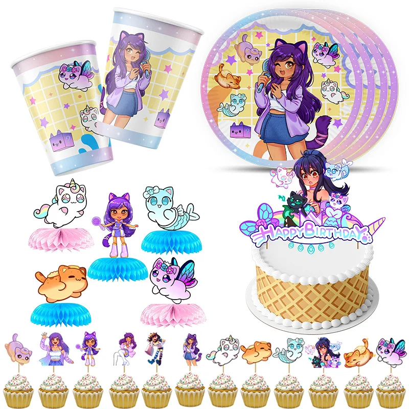 

Cartoon Anime Aphmau Birthday Party Decoration Latex Balloon Cake Topper Disposable Tableware For Kids Girl Party Decorations