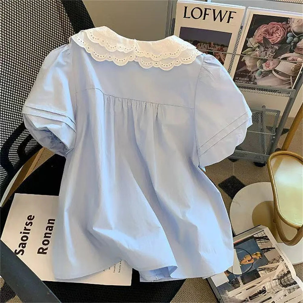 2026 Women Elegant Office Lady Work Blouse Peter Pan Collar Short Sleeve Tops Casual Blue Buttons Summer Lace Patchwork Shirts