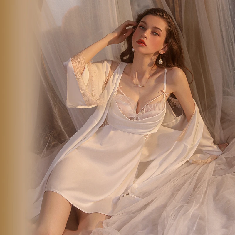 Women's Pajamas Set Lace Transparent Nightdress+Robe Women Nylon Dressing V Neck Night Gown Bathrobe Home Clothes Sleepwear