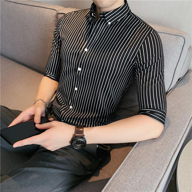 2023 Quality Business Formal Wear Men Striped Shirts Dress Tuxedo Short Sleeve Shirts Simple Slim Fit Casual Chemise Homme S-4XL