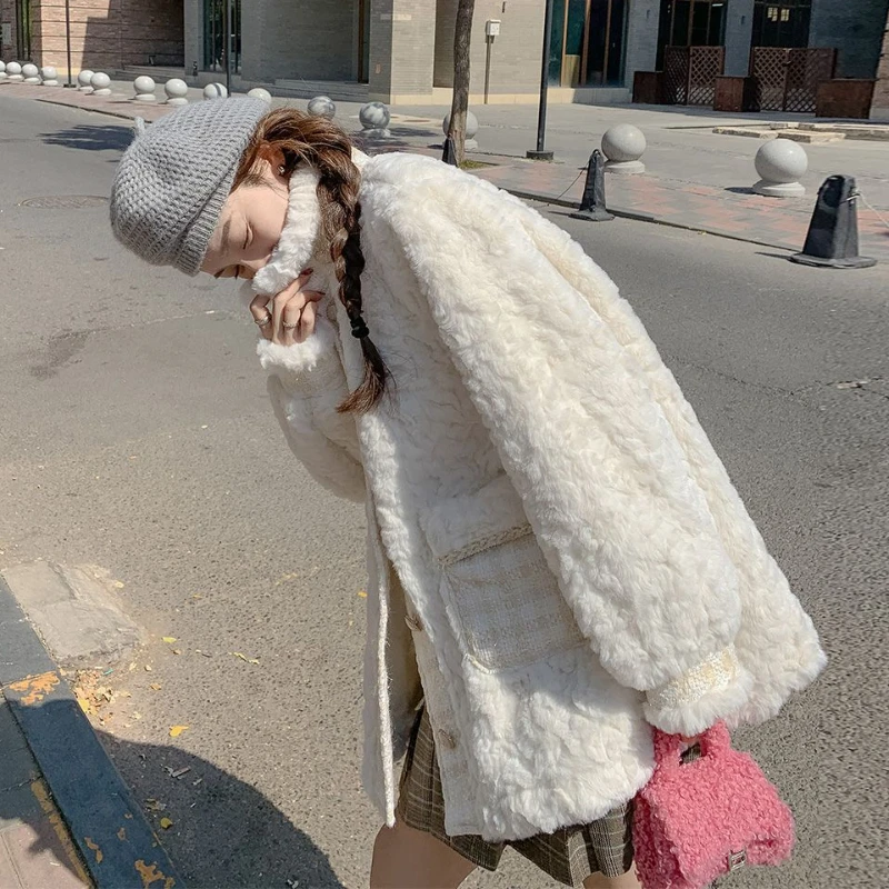 Women's Mid-Length Lamb Wool Coat, Thick, Stand Collar, Loose, Casual, White, Imitation Fur, Winter Outwear, Female Fashion, New