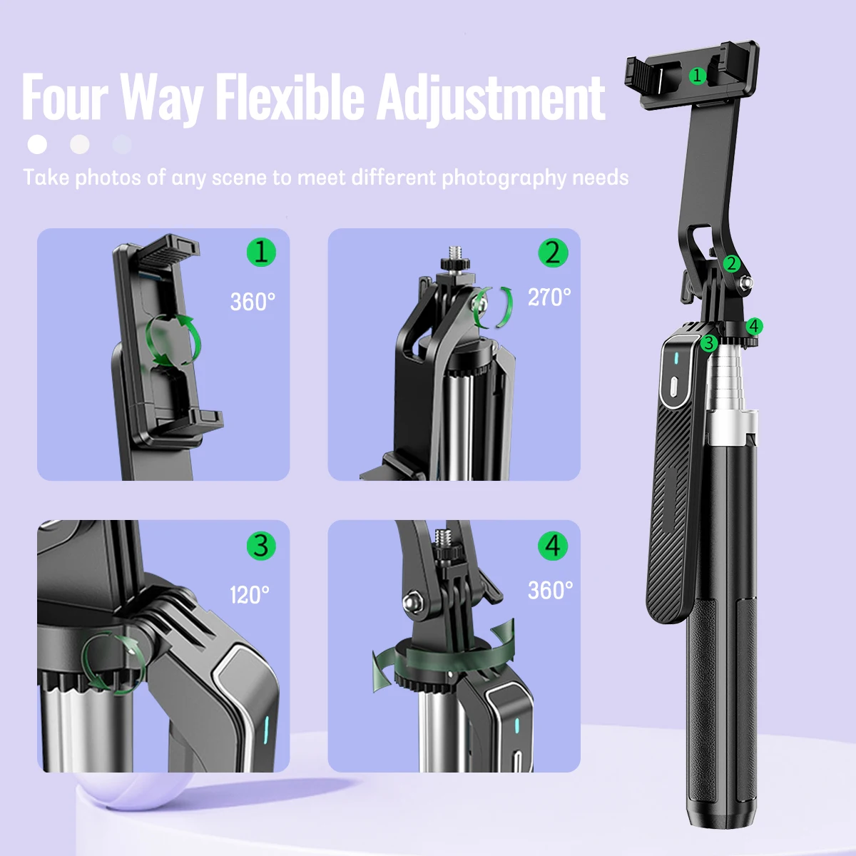 Selfie Stick 360&deg; Rotation with Fill Light 1.8M Extendable Selfie Stick Tripod with Wireless Remote & Video Balance Handle