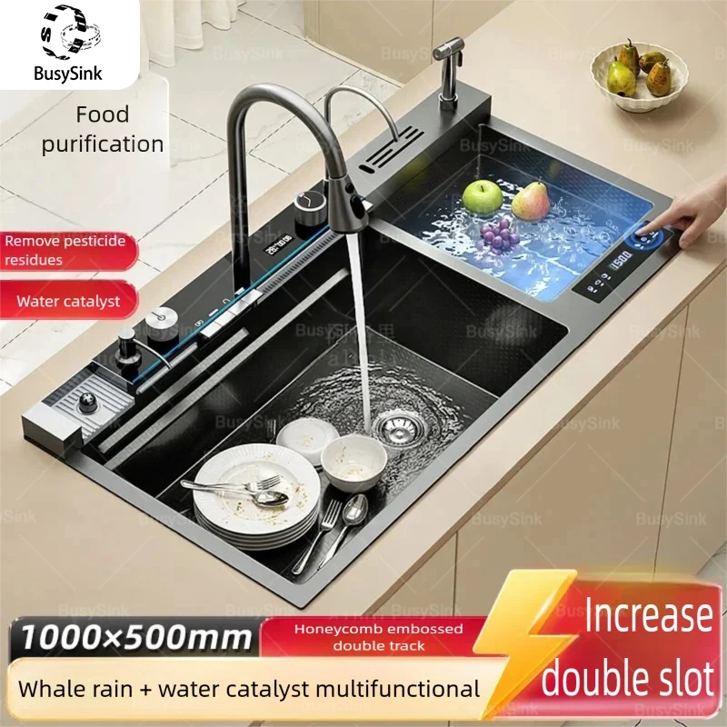 อ่างล้างจานครัวขนาดใหญ่แบบสองช่อง สแตนเลส 304 พร้อมระบบกรองน้ำอัจฉริยะสำหรับล้างผักและผลไม้ 1