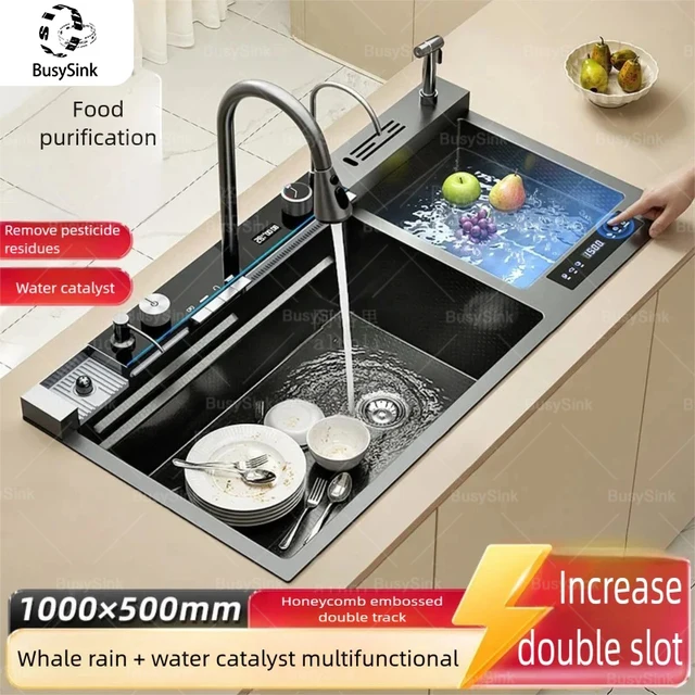 อ่างล้างจานครัวขนาดใหญ่แบบสองช่อง สแตนเลส 304 พร้อมระบบกรองน้ำอัจฉริยะสำหรับล้างผักและผลไม้ 1