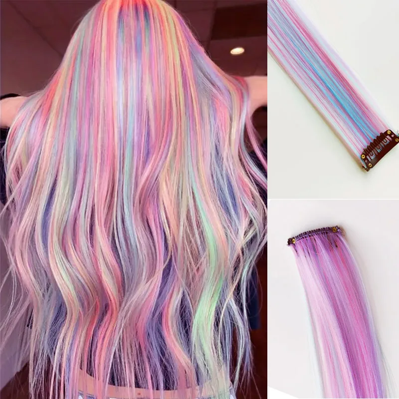 Clip in One Piece Hair Extension 6pcs/pack Unicorn Color Rainbow Pink Blue Purple Mixed Color Clip in Synthetic Hair Accessories