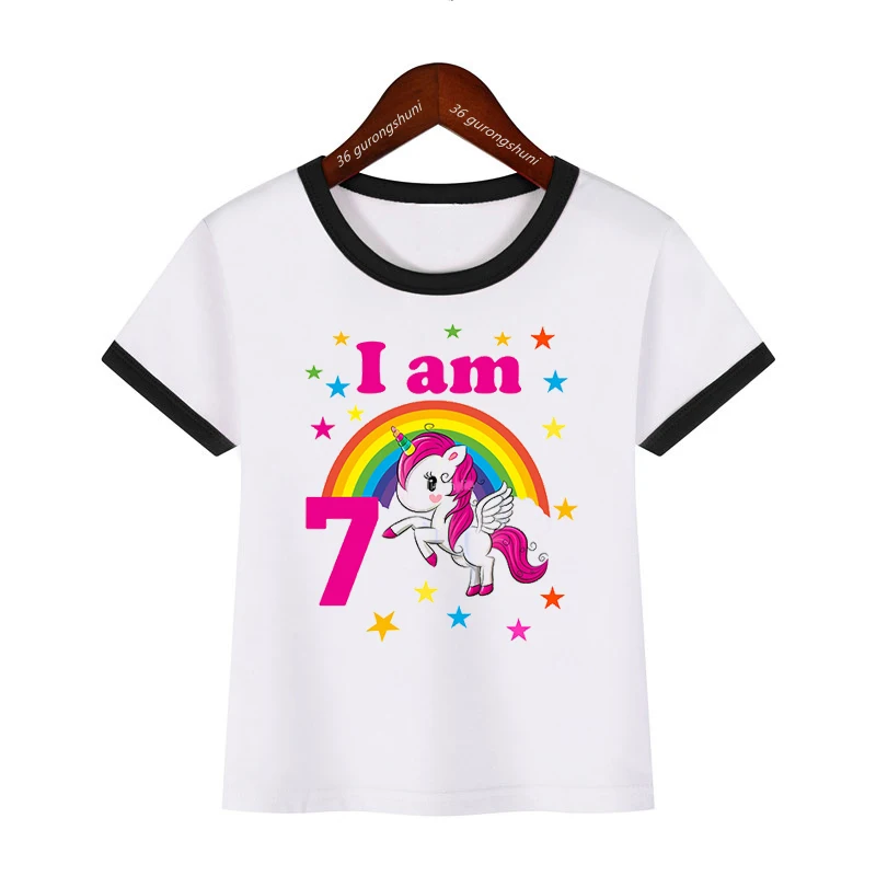 1-8th Rainbow Unicorn Birthday Number Print Girls T-Shirt Cute Kids Tshirt For Kids Birthday Party Clothing Baby T Shirt Tops 2