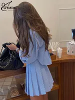 Oymimi Elegant Blue Striped Print Sets For Women 2 Pieces Fashion Long Sleeve Button Crop Tops And High Waist Pleated Skirts Set - Image 4