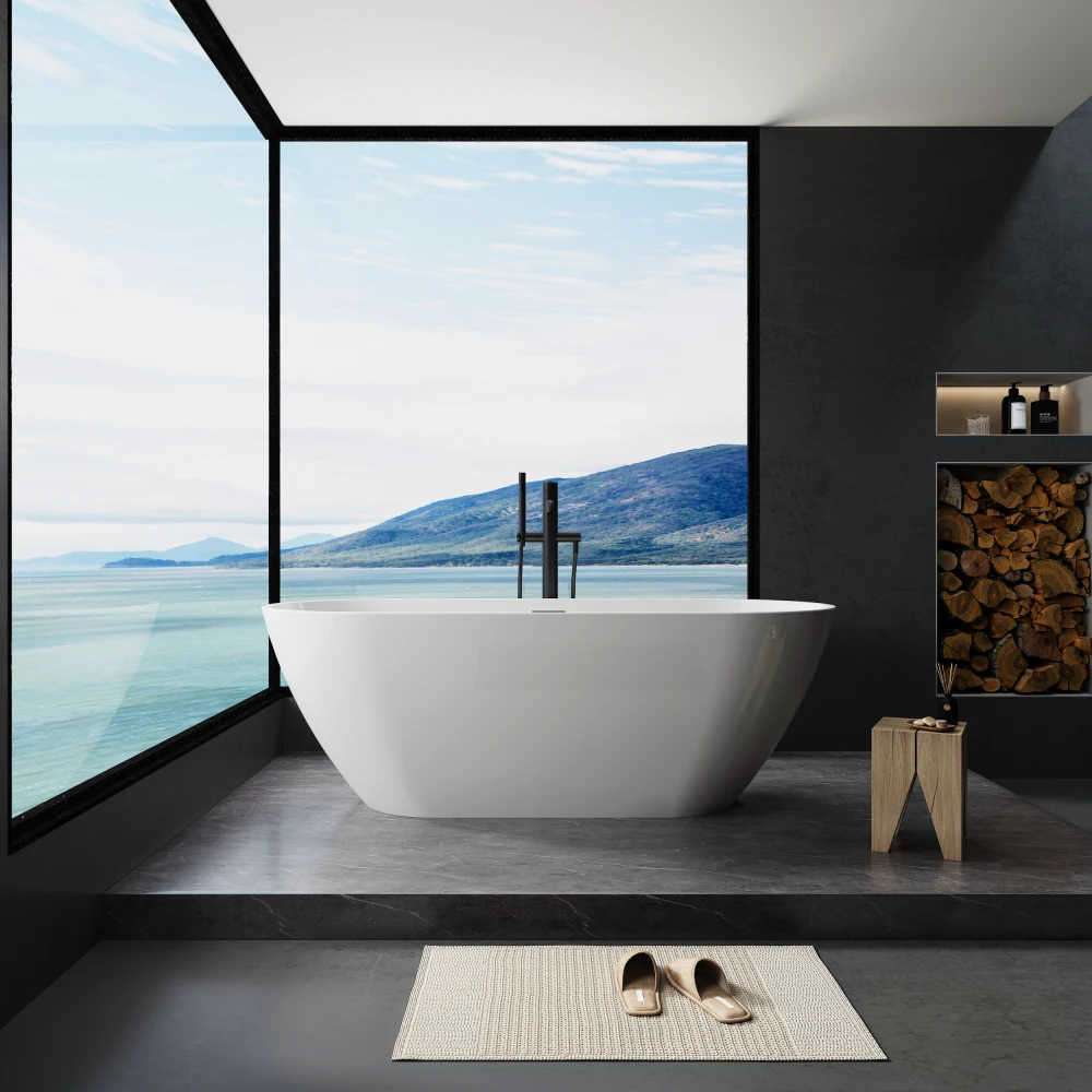 63" Shiny White Acrylic Freestanding Soaking Bathtub with Chrome Overflow and Drain, cUPC Certified-63*28.8 22A09-63