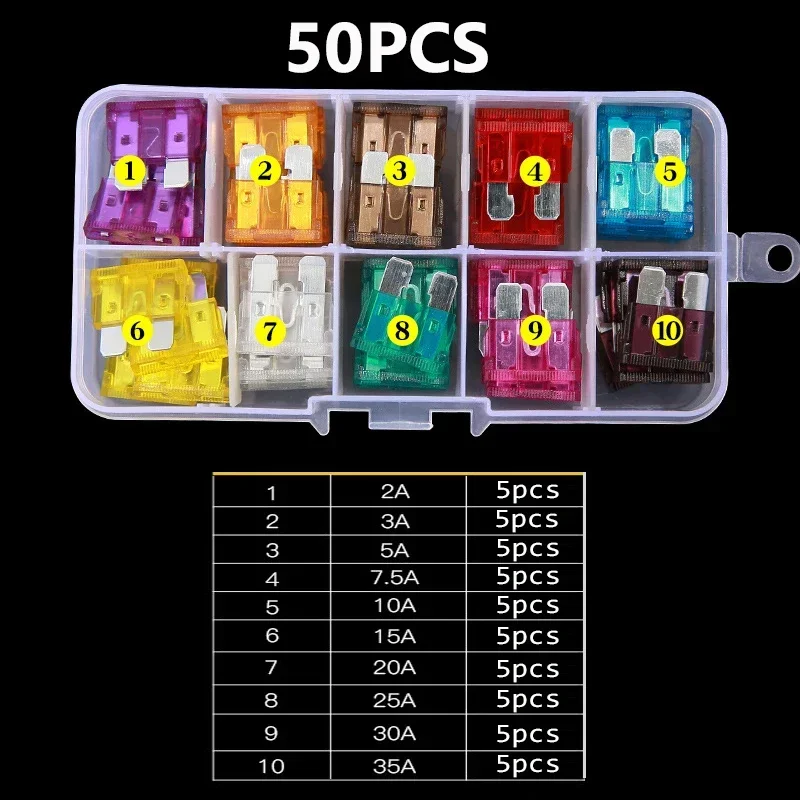 Car Fuse Assortment Set 100pcs 50pcs Middle Size Blade Type 2-35A Auto Car Truck with Box Clip car fuse kit blade fuses car fuses