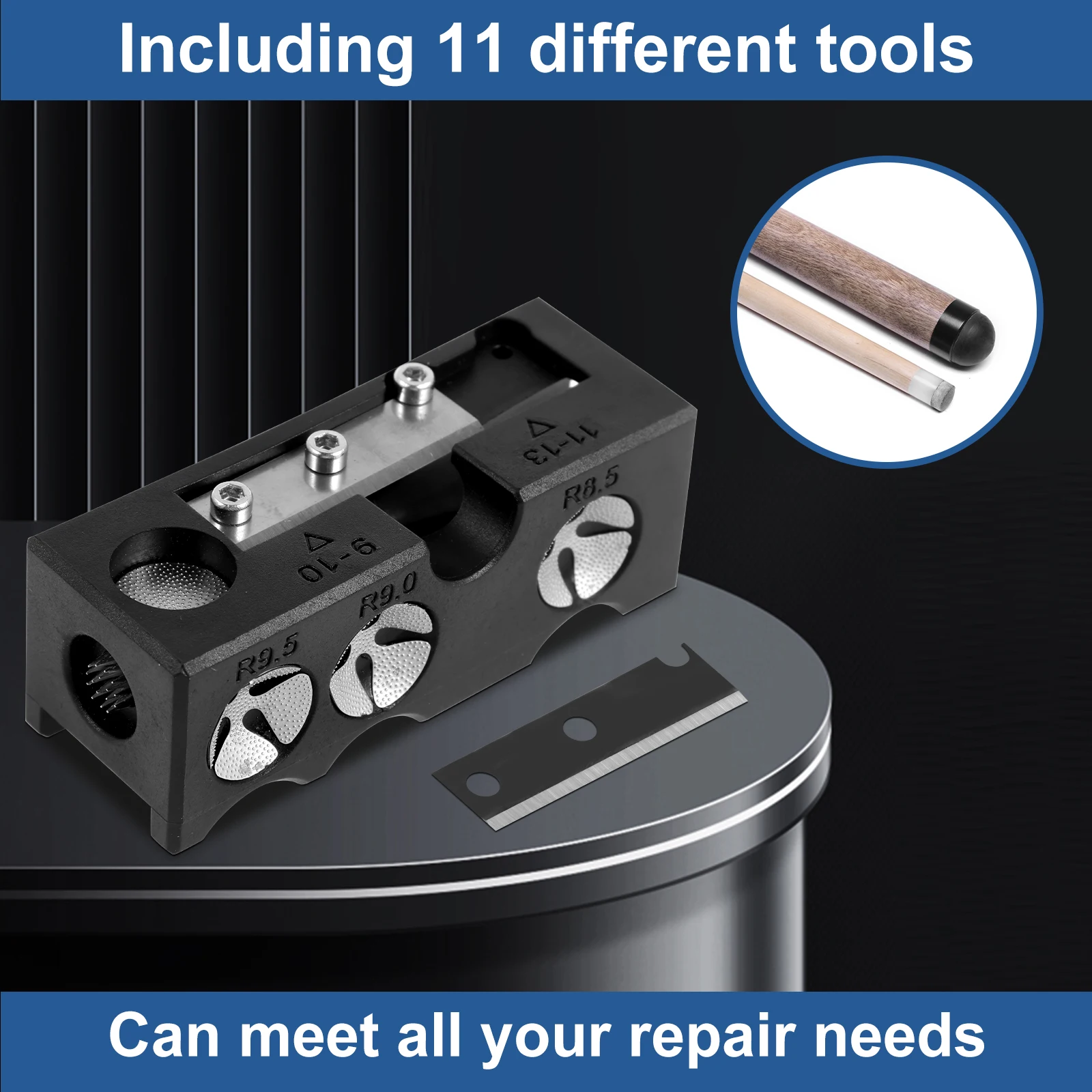 Billiard Cue Tip Shaper 11 in 1 Pool Cue Tip Repairer Multi-Functional Billiard Stick Tip Repair Tools with Wrench for Beginners