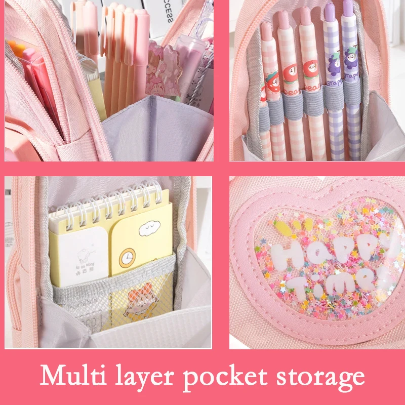 Large-capacity Schoolbag Pencil Case for Girls Cartoon Pencil Box Multi Layer Storage and Standing Cute Kawaii School Supplies