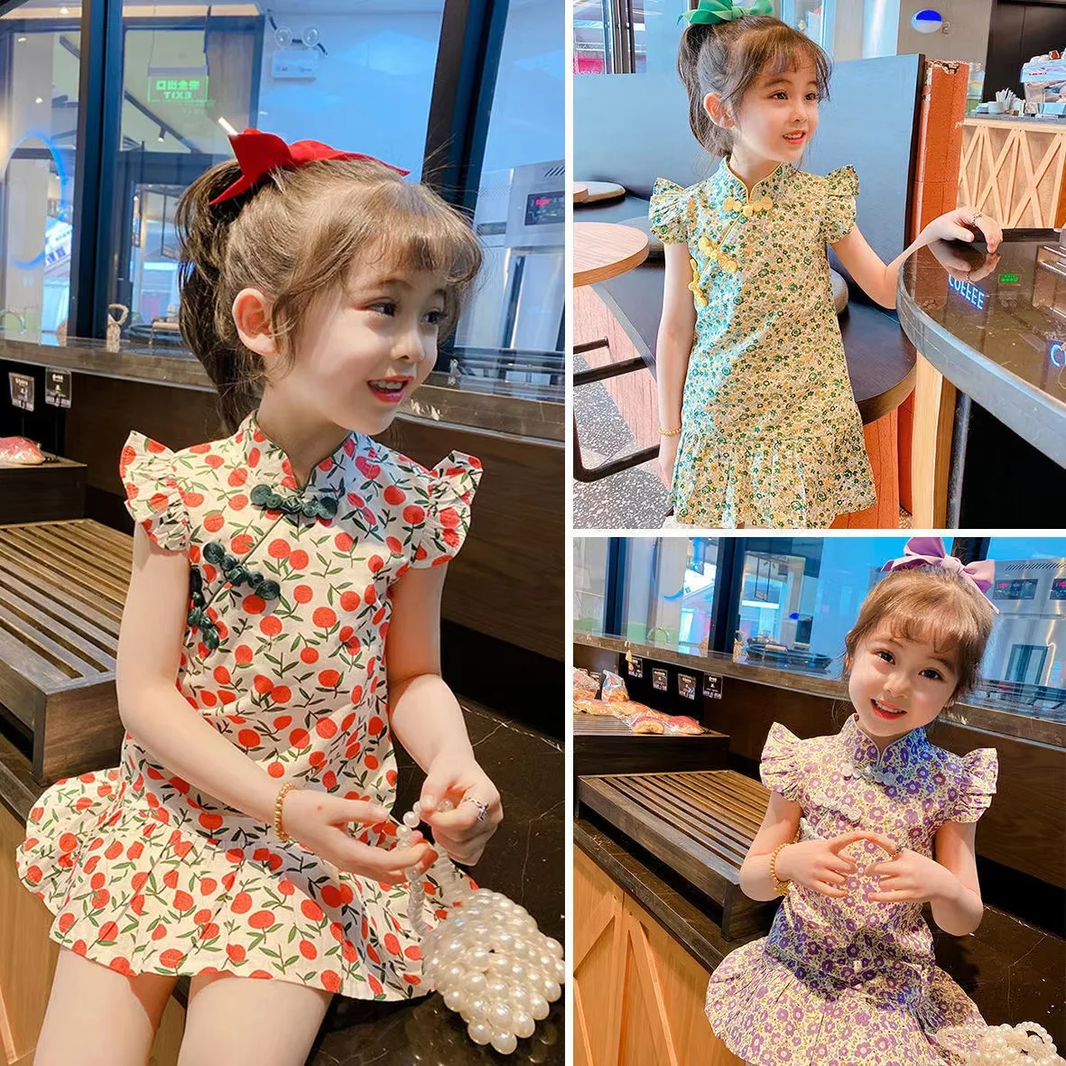 Girls Cheongsam Dress Summer 2022 Baby Fashion Chinese Traditional Floral Print Short Sleeve Casual Skirt Festival Outfits