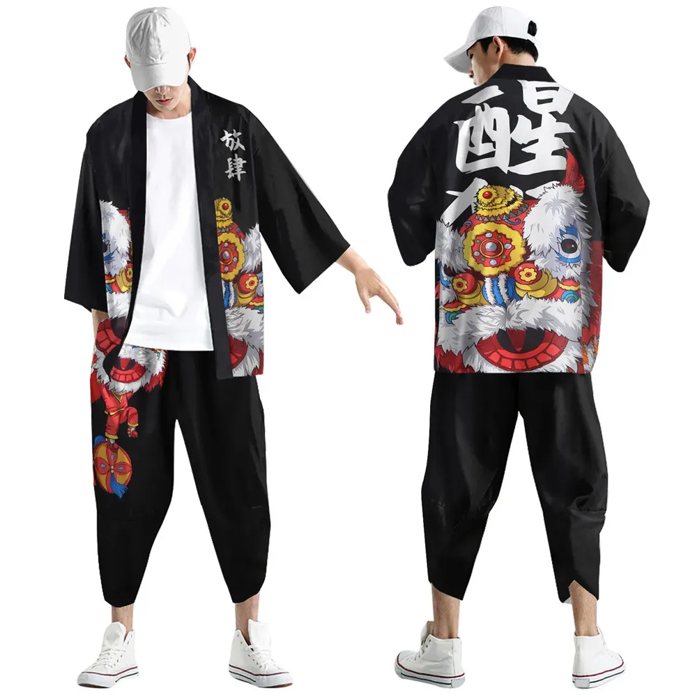 Two-piece Suit Loose Japanese Cardigan Women Men Cosplay Yukata Clothing Fashion Harajuku Samurai Kimono + Pants Sets
