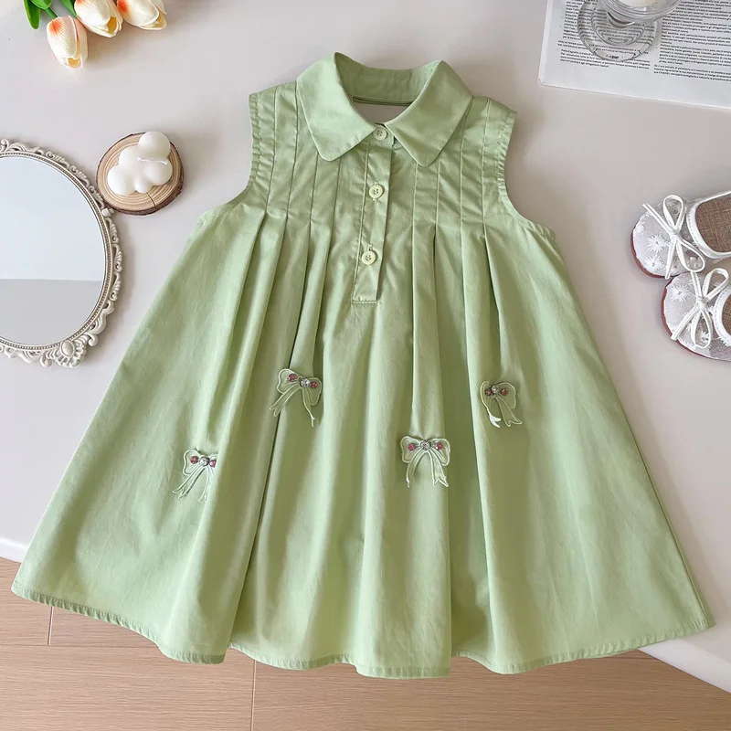 

Girls Tank Top Dress Sleeveless Summer Fashionable and Stylish Children Turn-down Neck Bow Backless Fairy Princess Dress