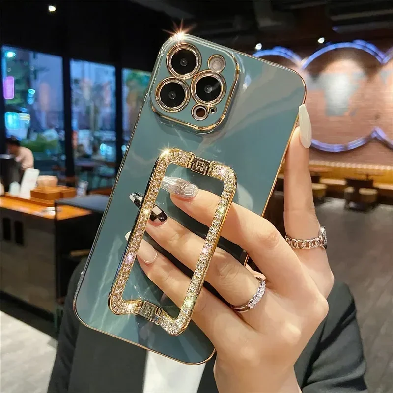 

3D Crystal Square Holder Gold Plating Phone Case for Iphone 15 14 12 Pro Max MiNi 11 13 Pro X XS XR 7 8 Plus SE Cover
