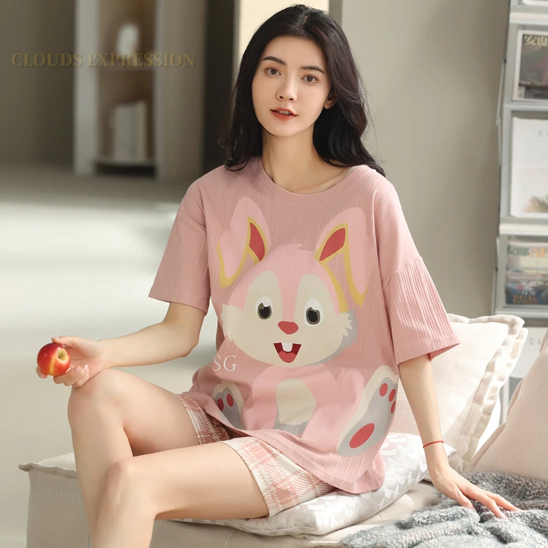 plus size pjs Summer Pajama Sets Short Sleeved Cartoon Knited Cotton Lazy Wind Sleepwear Women's Pajamas Pijama Mujer Fashion Homewear Lounge silk pajamas