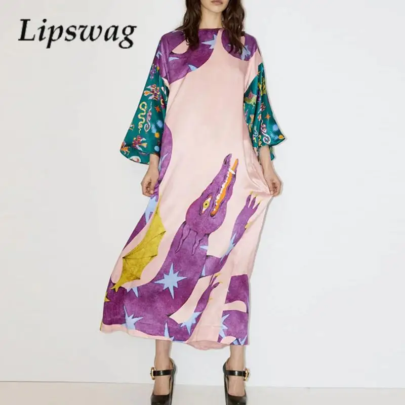

Fashion Dinosaur Print Long Sleeve Dress Women'S Home O-Neck Pullover Loose Dress Autumn Casual Split Club Long Dress Vestidos