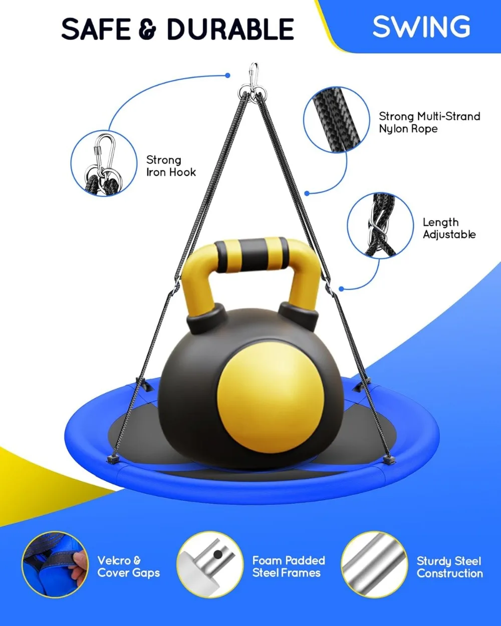 43" Saucer Tree Swing, 700lbs Weight Capacity, Waterproof Flying Saucer Swing with Adjustable Hanging Straps, Swing Seats 3