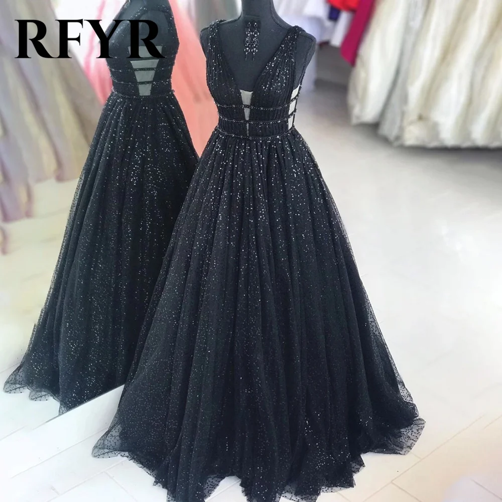 

RFYR Black Tank Prom Dress A Line Deep V Neck Celebrity Dresses Sequin Women's Evening Dress Glitter Shining Formal Gown 프롬 드레스